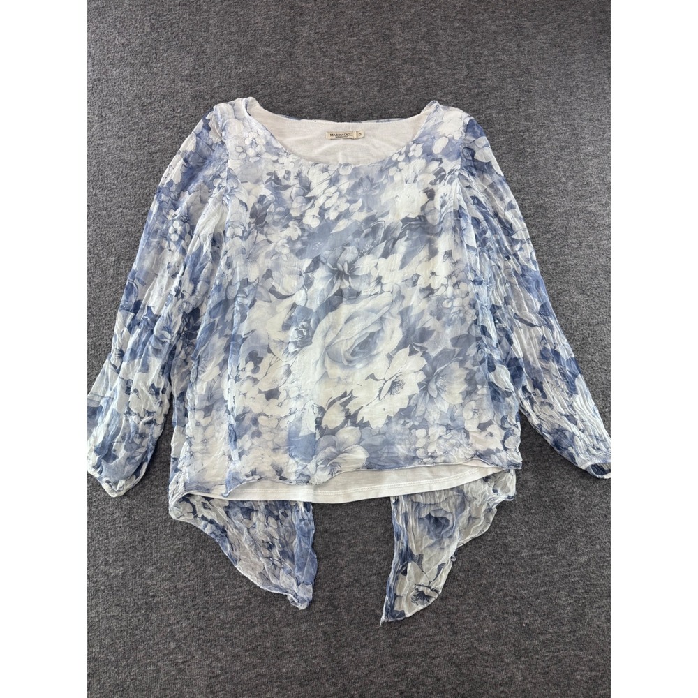 Marina Gigli Italy Blue White Floral 100% Silk Split Back Blouse Top Size M